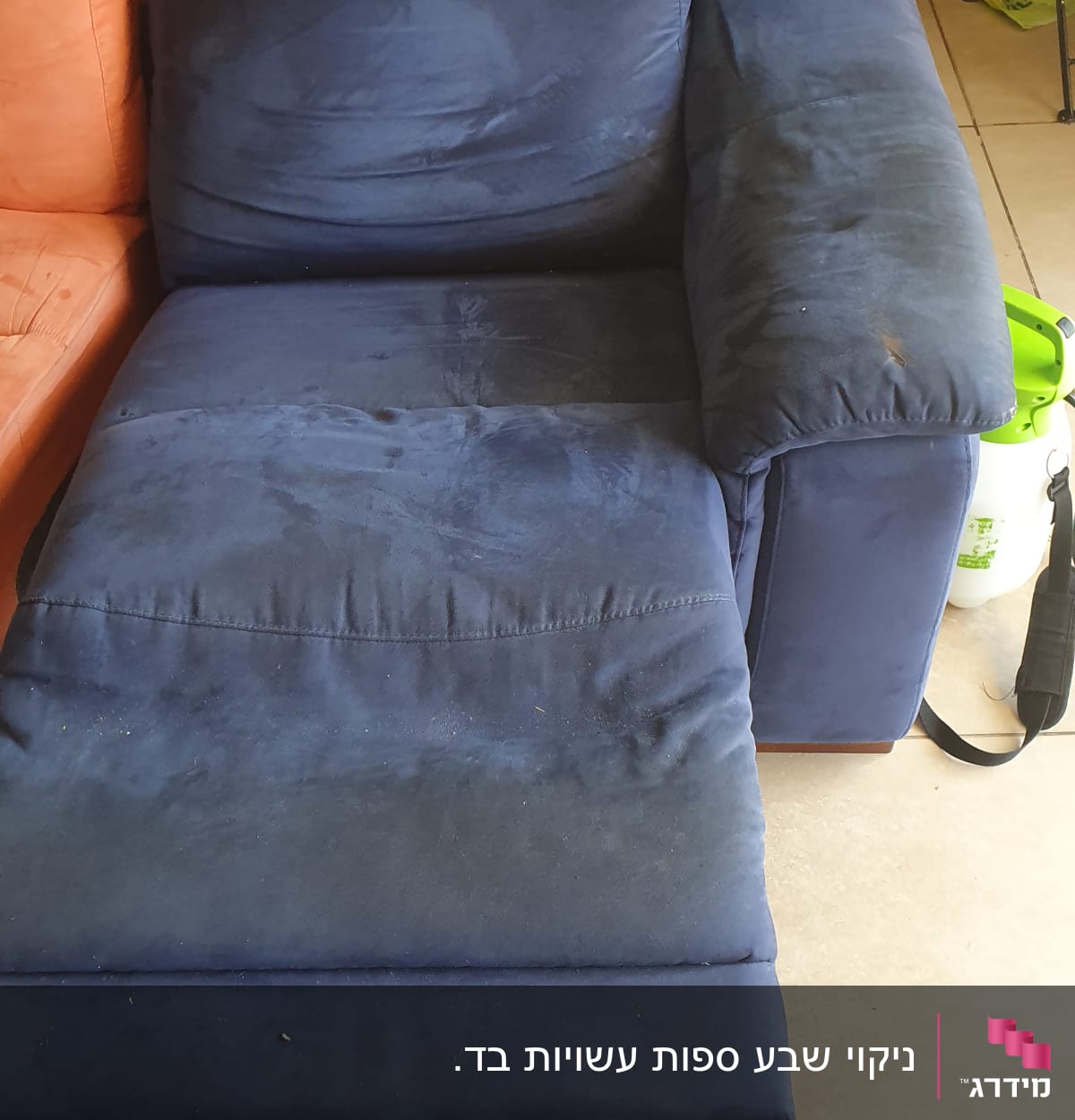 ספה כחולה עם כתמים, מכשיר ניקוי ירוק ליד